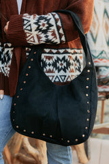 Chic Instinct Faux Suede Studded Handbag (Black)