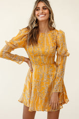 Ola Mutton Sleeve Lace-Up Back Dress Vine Print Mustard