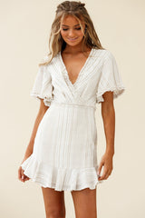 Ochre Open Back Bow Detail Dress Stripe Pattern White/Mocha