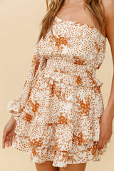 Nerissa One Sleeve Shirred Waist Dress Floral Print Tan